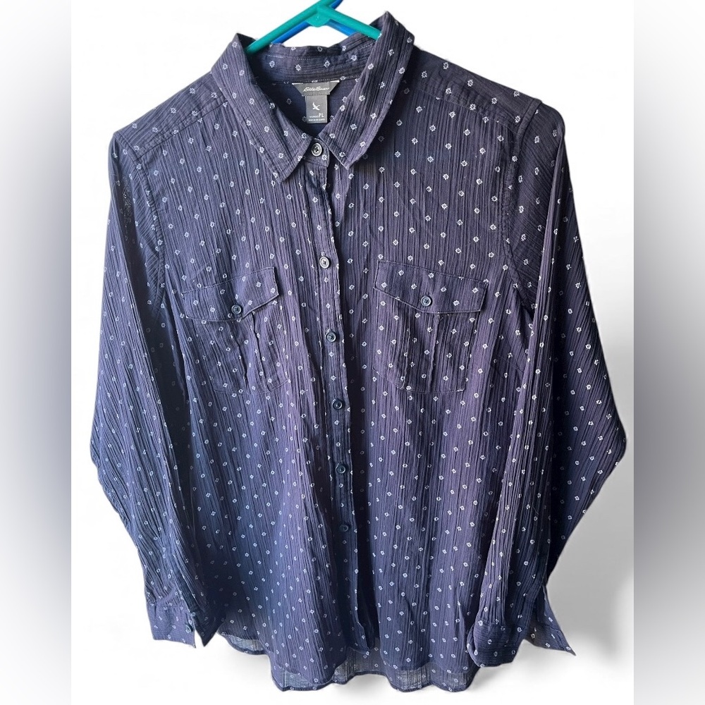 Eddie Bauer Blue Patterned Long Sleeve Button Up Blouse PL